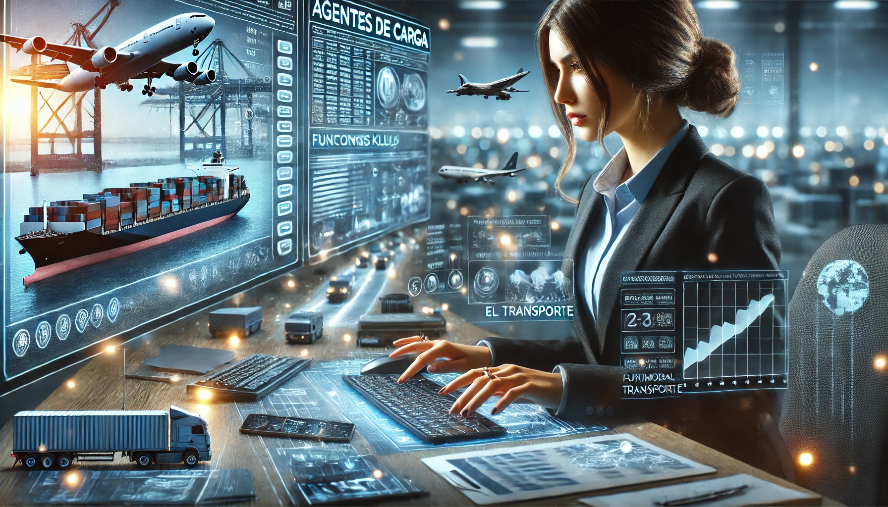 Primer plano de una agente de carga gestionando envíos en un escritorio con múltiples pantallas digitales mostrando rutas, movimientos de carga y datos logísticos. Al fondo, un puerto con barcos, aviones y camiones en actividad.