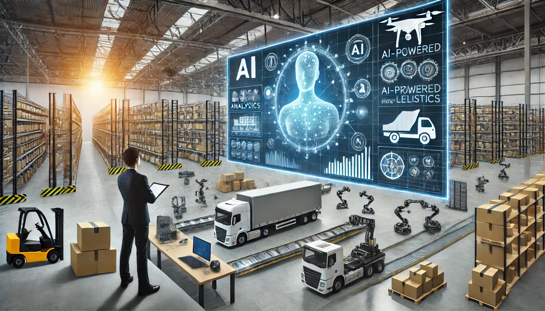 Logística moderna con inteligencia artificial gestionando flujos de mercancía en un almacén automatizado.