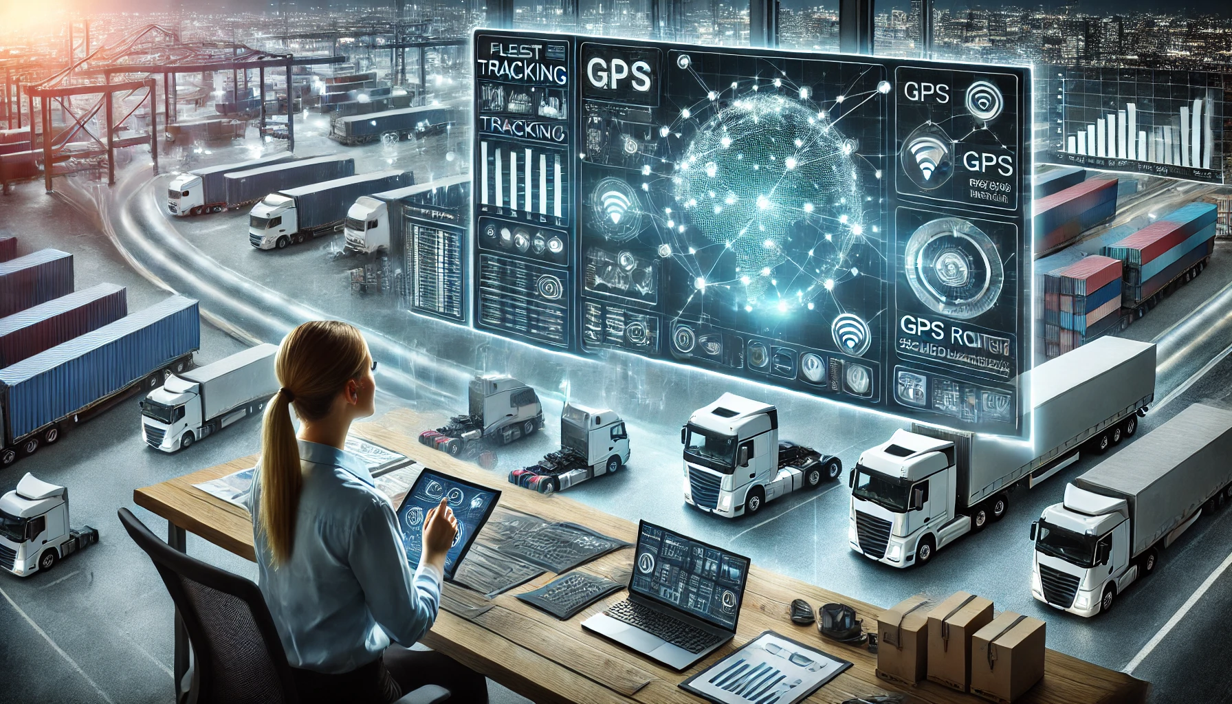 Mujer en un centro de control logístico supervisando el seguimiento de flotas y rutas de transporte en una pantalla digital.