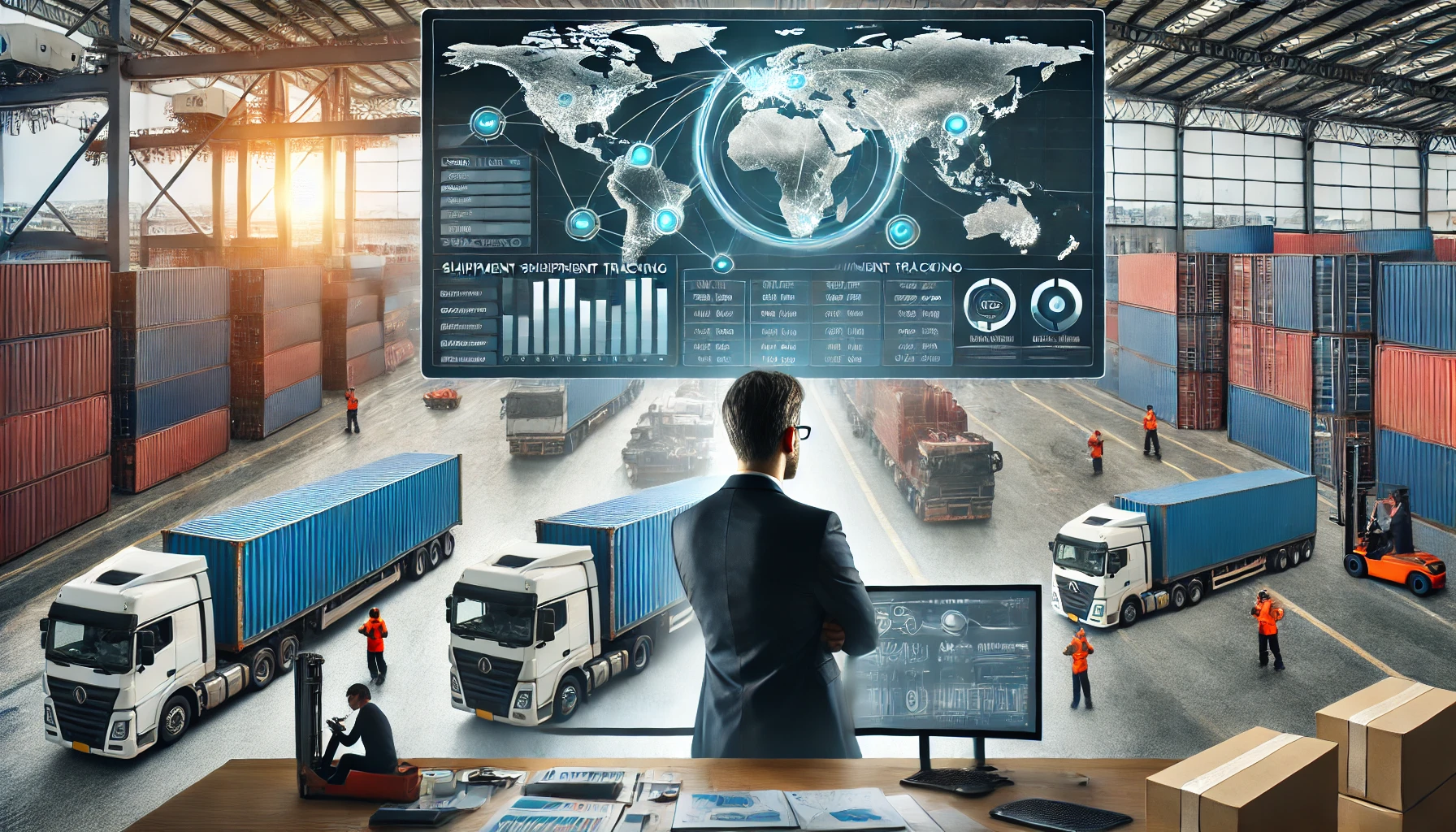 Profesional de logística monitoreando en tiempo real la ubicación de envíos en una pantalla digital.