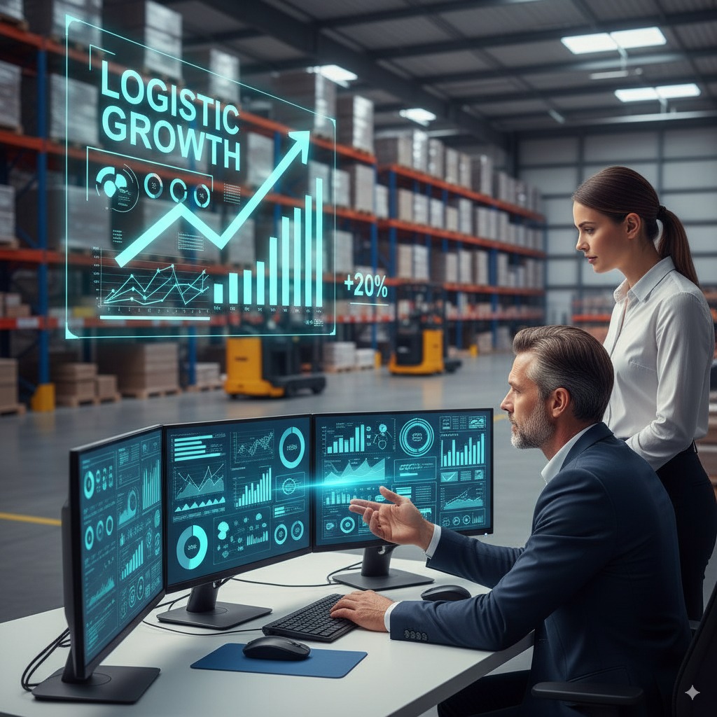 Dos profesionales de logística analizando pantallas con gráficos de KPIs en un almacén, con proyecciones holográficas de "LOGISTIC GROWTH".