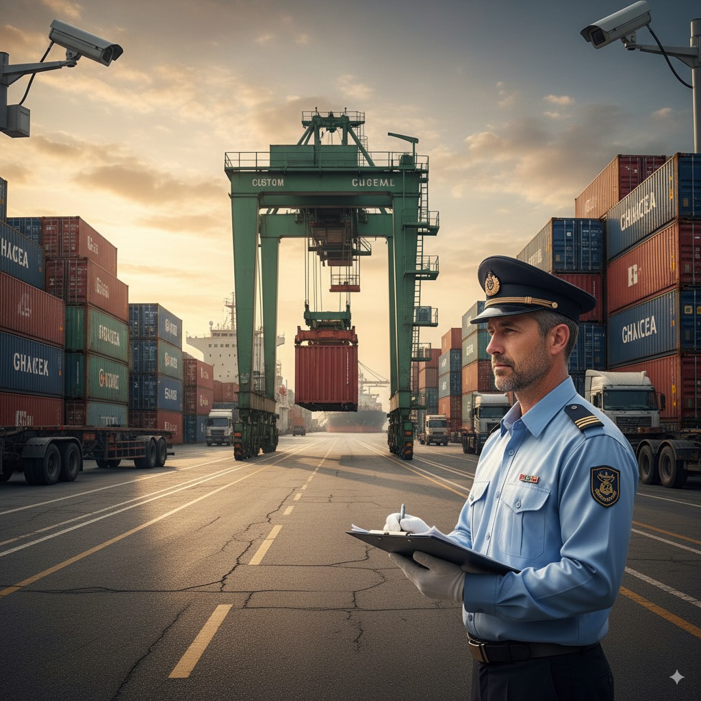 Agente de aduanas con portapapeles supervisando el movimiento de contenedores en un puerto, con grúas y camiones de fondo.